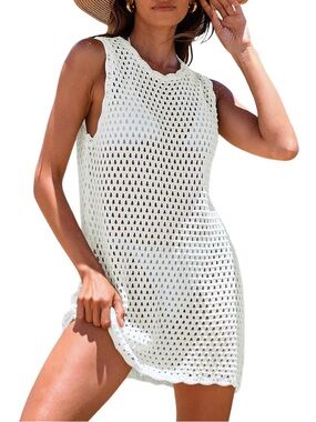 Sleeveless White Crochet Swim Coverup with Keyhole Back